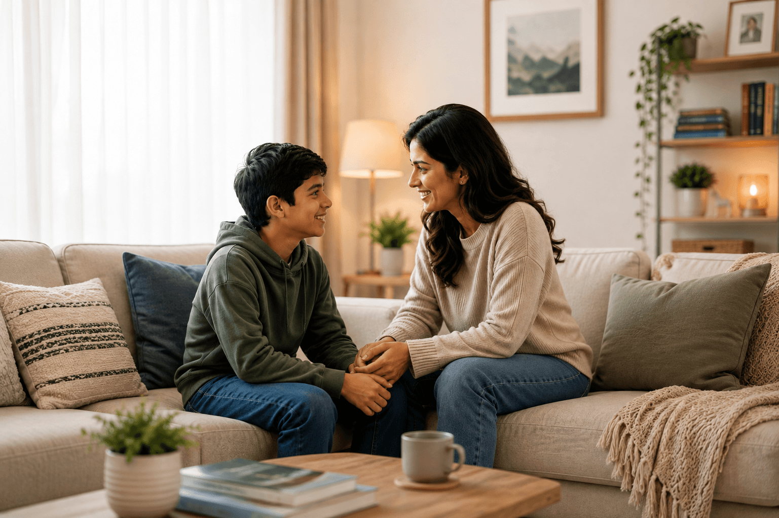 A teenage boy and an adult sitting together on a sofa in a warm living room, mid-conversation