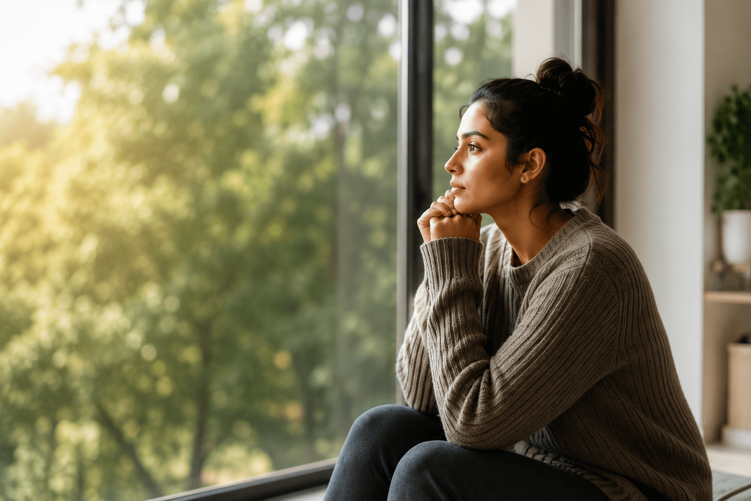 A woman sitting by a window in soft daylight, looking out thoughtfully